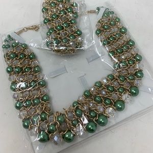 Skyline Collection gold tone green beaded choker collar necklace and bracelet